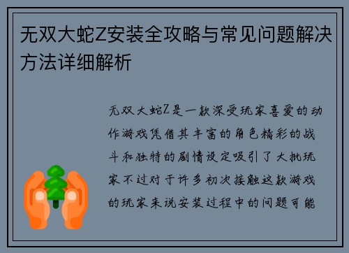 无双大蛇Z安装全攻略与常见问题解决方法详细解析